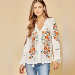 Savanna Jane Ivory Tassel Embroidered Gauzy Peasant Blouse‎ Boho